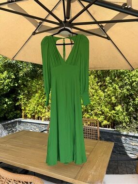 Reformation Twilight Dress Green | Long Sleeve Midi Deep V Romantic 4